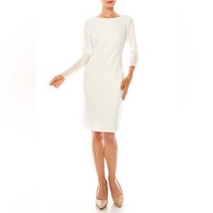 SHELBY & PALMER CHIFFON ACCORDION 3/4 BELL SLEEVE SHEATH DRESS white size 12 NWT